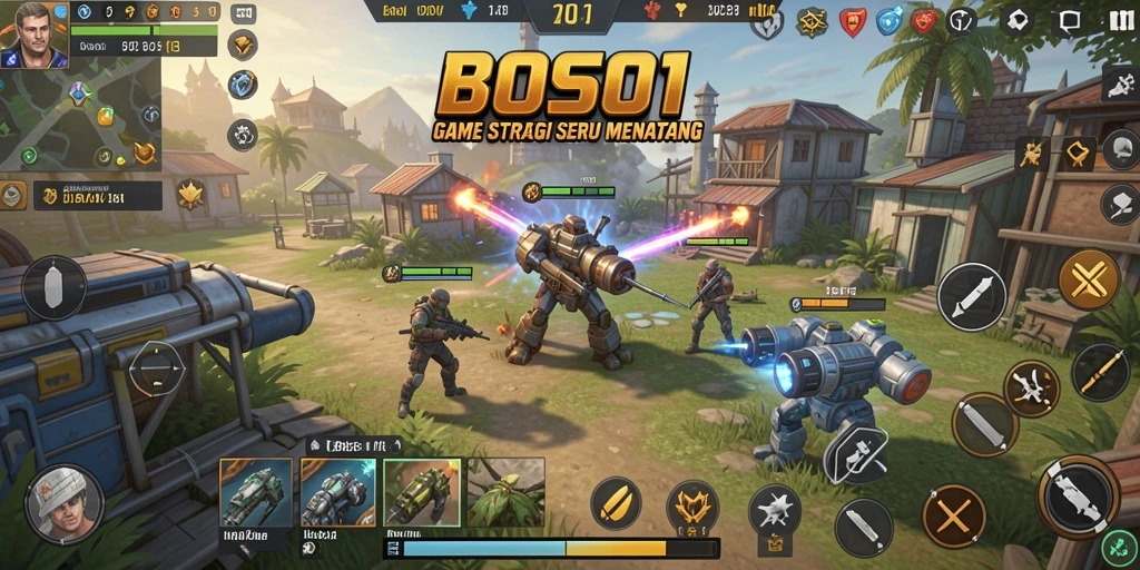 Screenshot gameplay BOS01 menampilkan pertarungan strategis yang mendebarkan.